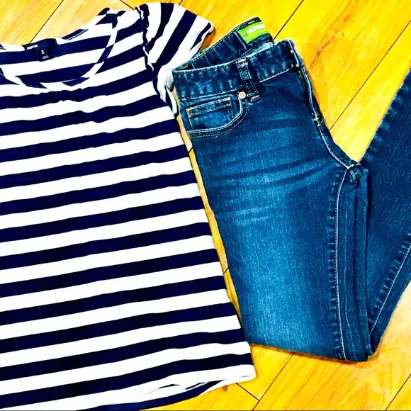 Girl school outfits — skinny denim jeans and Gap striped tee shirt top -…