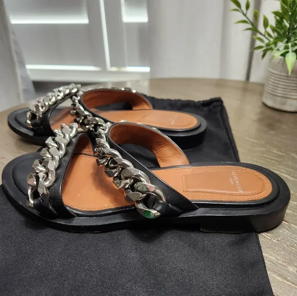 Givenchy Black Flat Double Silver‎ Chain Strap Slide on Sandals 36
