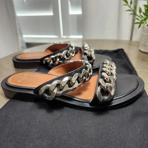 Givenchy Black Flat Double Silver‎ Chain Strap Slide on Sandals 36