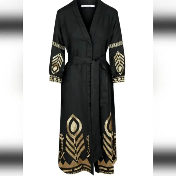 Greek Arcaic Kori Seafoam Color Linen Dress Gold Embroidery szXS missing belt