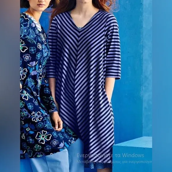 Gudrun Sjoden A Line Tunic Shift Dress Large L Blue Striped V Neck Lagenlook