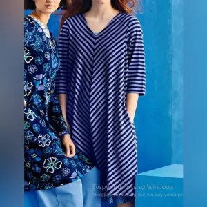Gudrun Sjoden A Line Tunic Shift Dress Large L Blue Striped V Neck Lagenlook
