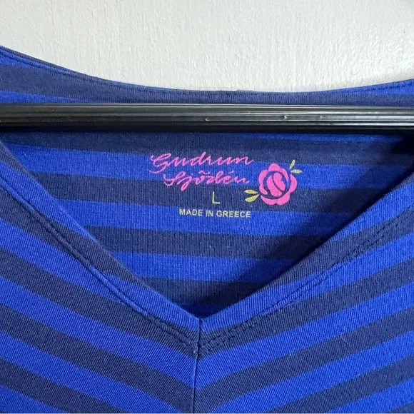 Gudrun Sjoden A Line Tunic Shift Dress Large L Blue Striped V Neck Lagenlook