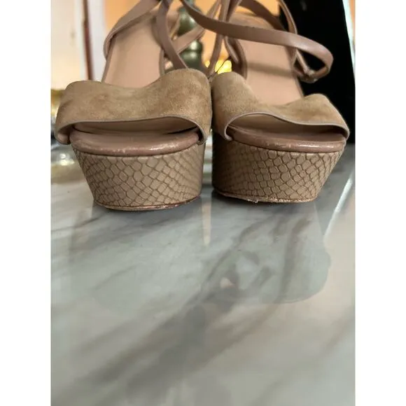 Halston Heritage Bobbie Tan Brown Suede Snakeskin Platform Heel Sandals