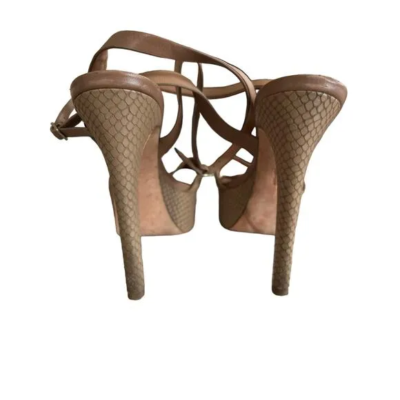 Halston Heritage Bobbie Tan Brown Suede Snakeskin Platform Heel Sandals