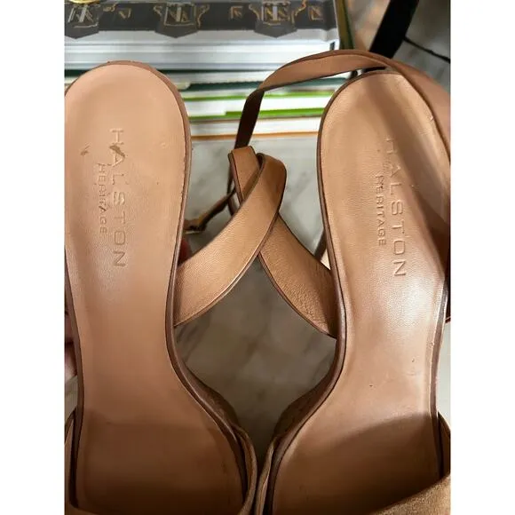 Halston Heritage Bobbie Tan Brown Suede Snakeskin Platform Heel Sandals