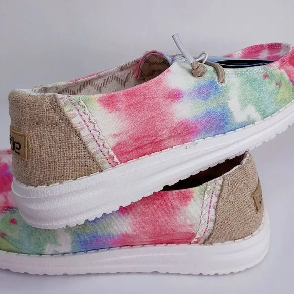 HEY DUDE 'WENDY BOHO MANDALA' TIE-DYE LACE TRIM YOUTH MOCCASIN SHOE SIZE 1