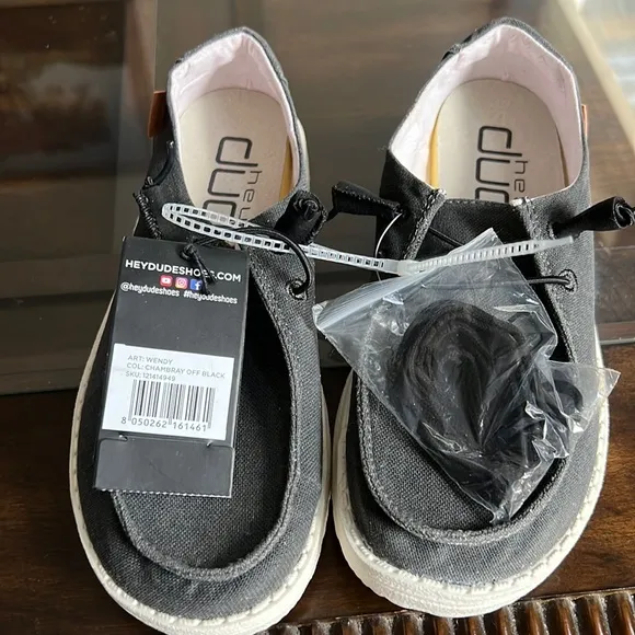 HEY DUDE WENDY CHAMBRAY OFF BLACK SLIP-ON SHOES