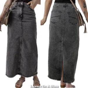 High-Rise Midi Retro 90s Acid Wash Black Denim Back Slit Frayed Hem Jean Skirt