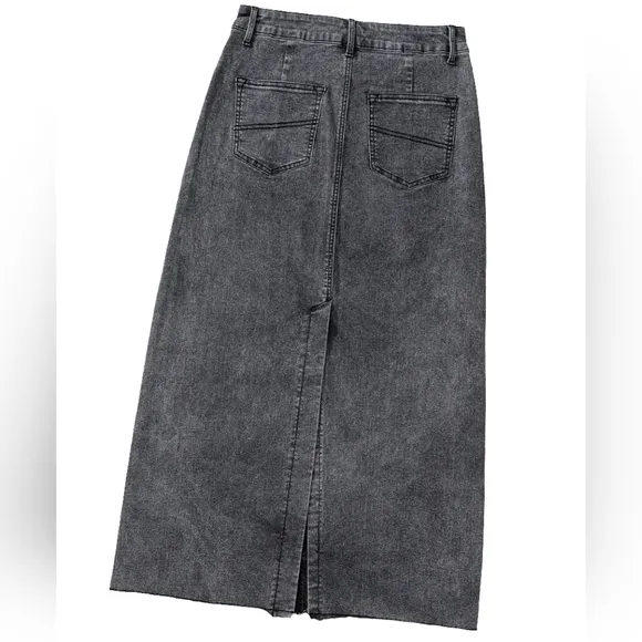 High-Rise Midi Retro 90s Acid Wash Black Denim Back Slit Frayed Hem Jean Skirt