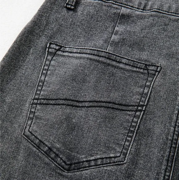 High-Rise Midi Retro 90s Acid Wash Black Denim Back Slit Frayed Hem Jean Skirt