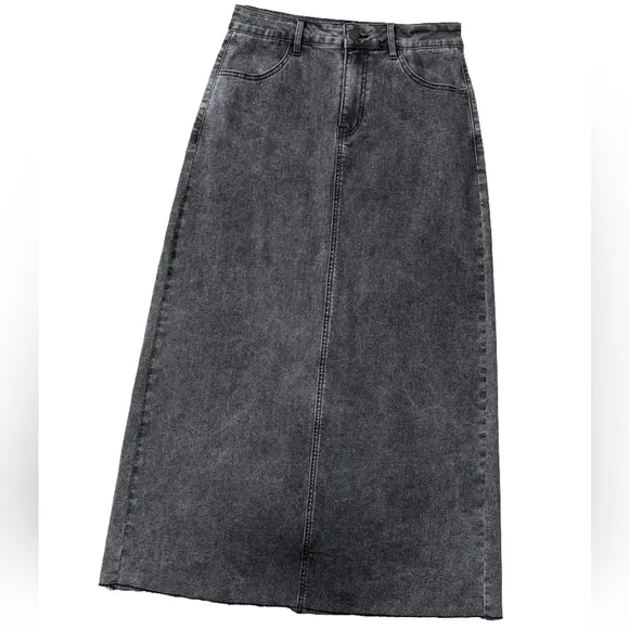 High-Rise Midi Retro 90s Acid Wash Black Denim Back Slit Frayed Hem Jean Skirt