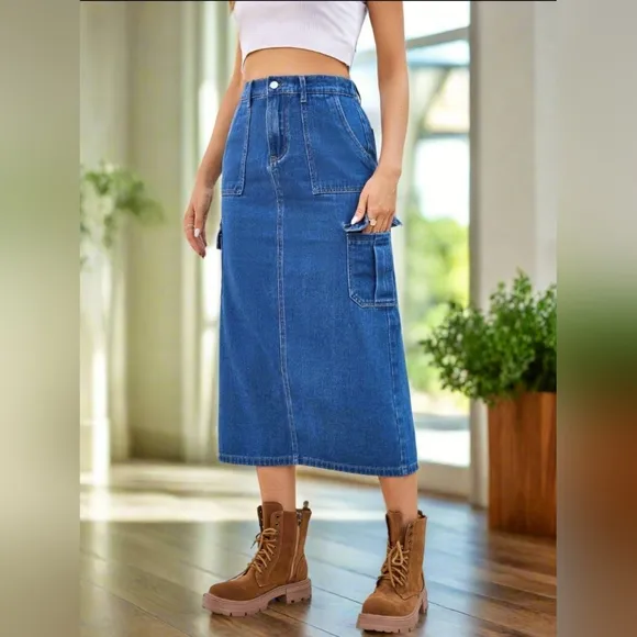 High-Rise Midi Retro Cargo Side Pocket Elastic Waist Denim Jean Back Slit Skirt
