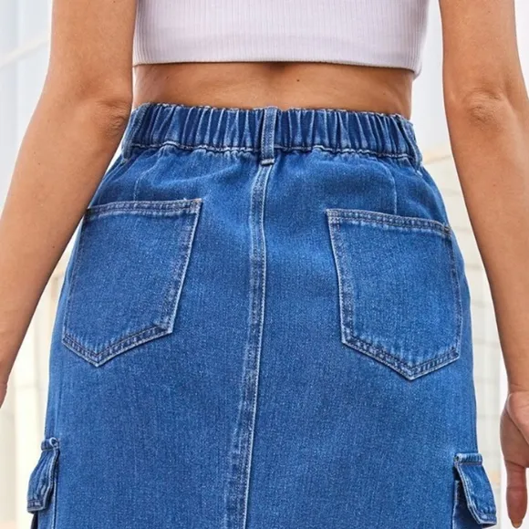 High-Rise Midi Retro Cargo Side Pocket Elastic Waist Denim Jean Back Slit Skirt
