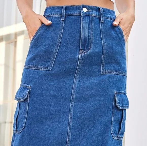 High-Rise Midi Retro Cargo Side Pocket Elastic Waist Denim Jean Back Slit Skirt
