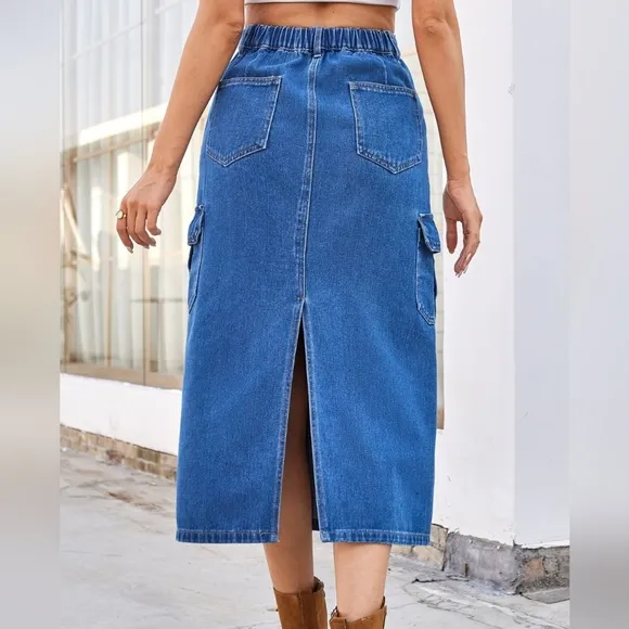 High-Rise Midi Retro Cargo Side Pocket Elastic Waist Denim Jean Back Slit Skirt
