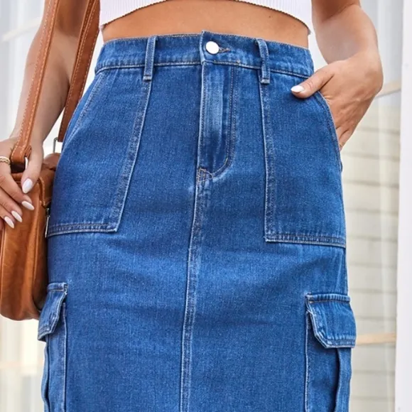 High-Rise Midi Retro Cargo Side Pocket Elastic Waist Denim Jean Back Slit Skirt