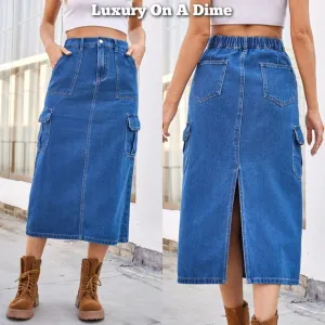 High-Rise Midi Retro Cargo Side Pocket Elastic Waist Denim Jean Back Slit Skirt