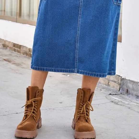 High-Rise Midi Retro Cargo Side Pocket Elastic Waist Denim Jean Back Slit Skirt