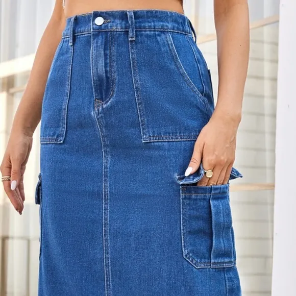 High-Rise Midi Retro Cargo Side Pocket Elastic Waist Denim Jean Back Slit Skirt