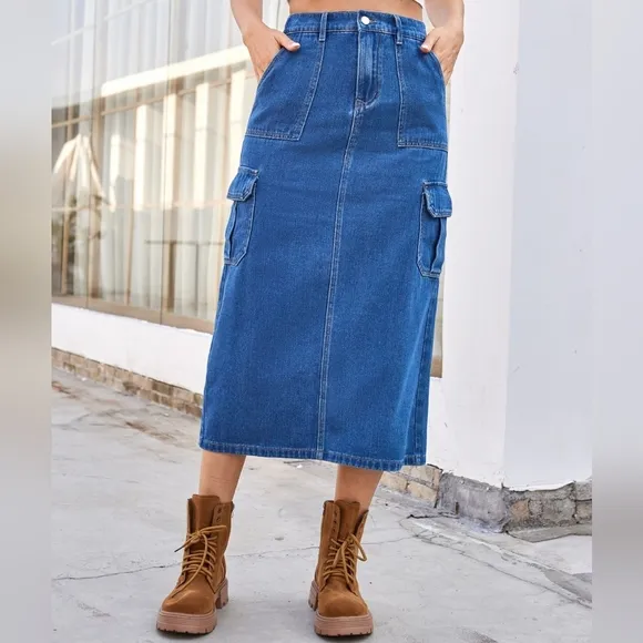 High-Rise Midi Retro Cargo Side Pocket Elastic Waist Denim Jean Back Slit Skirt