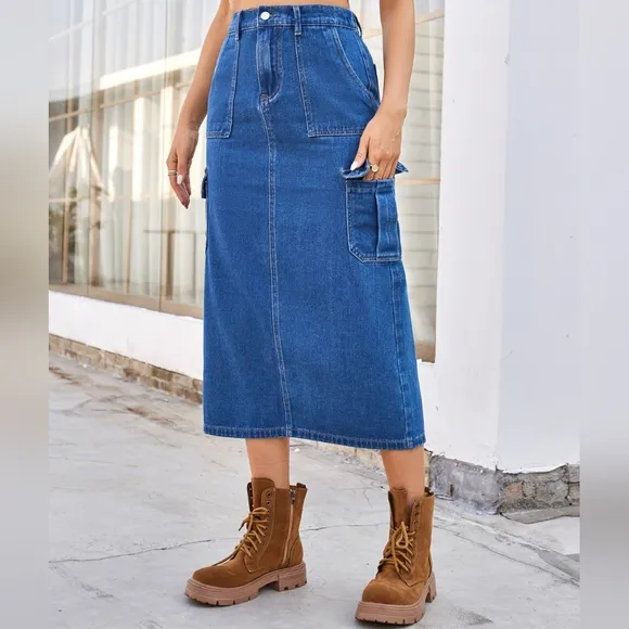 High-Rise Midi Retro Cargo Side Pocket Elastic Waist Denim Jean Back Slit Skirt