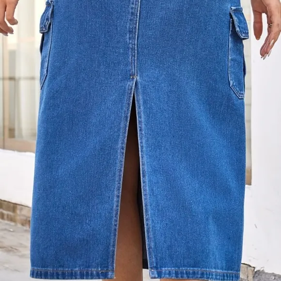High-Rise Midi Retro Cargo Side Pocket Elastic Waist Denim Jean Back Slit Skirt