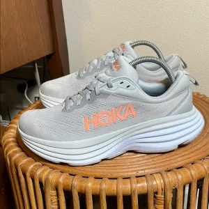 Hoka Bondi 8 Light Gray and Peach Running Shoes size 9.5 D
