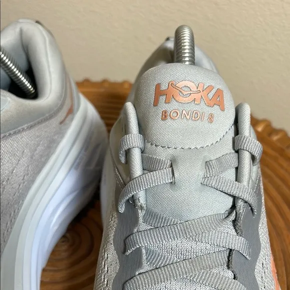 Hoka Bondi 8 Light Gray and Peach Running Shoes size 9.5 D