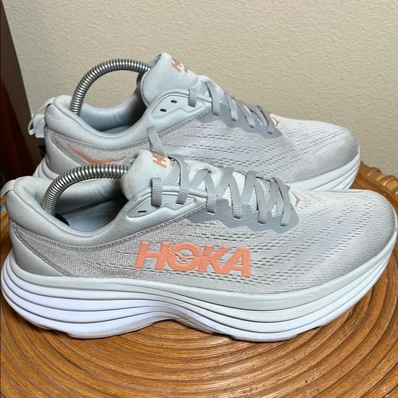 Hoka Bondi 8 Light Gray and Peach Running Shoes size 9.5 D