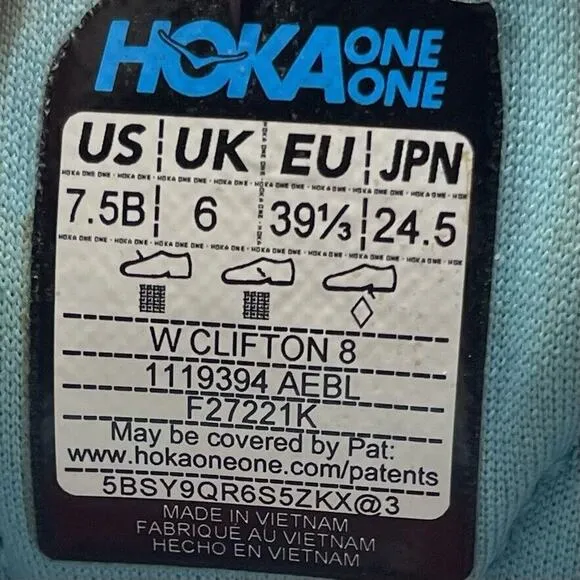 Hoka One One Clifton 8 Running Shoes Womens Size 7.5 B Blue Athletic Aquarelle