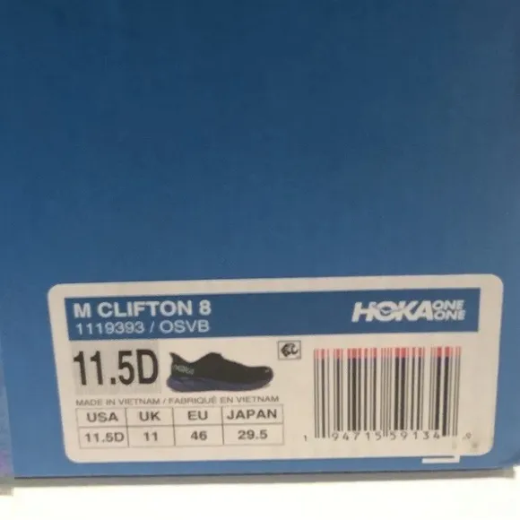 Hoka One One Men’s Clifton 8, Blue Running Shoes, Size 11.5D