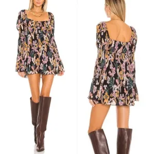 House of Harlow 1960 Brock Floral Mini Dress Longsleeve Babydoll Smocked Peasant