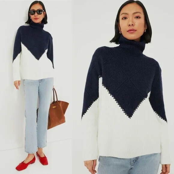 Hyacinth House Diamond Demi Turtleneck Sweater Navy &amp; Cream Size Large