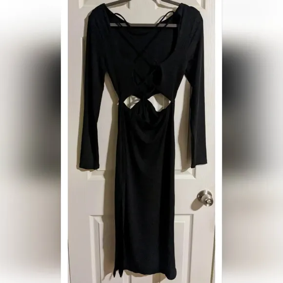 I.AM.GIA Black Midi Dress L Long Sleeve Side Cut-out Lace-up Open Back RAREwi