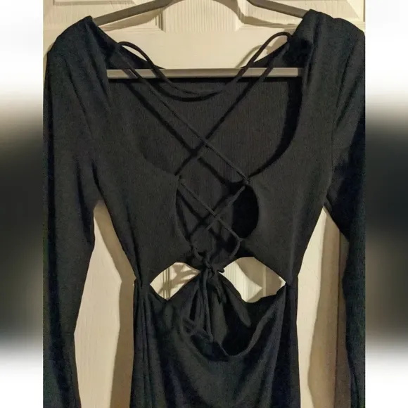 I.AM.GIA Black Midi Dress L Long Sleeve Side Cut-out Lace-up Open Back RAREwi