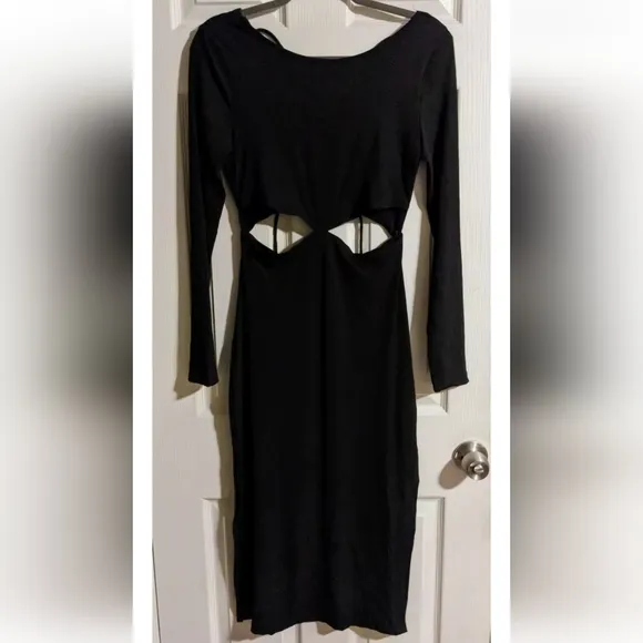 I.AM.GIA Black Midi Dress L Long Sleeve Side Cut-out Lace-up Open Back RAREwi