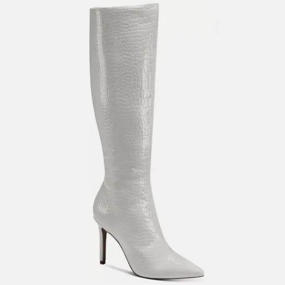 INC Womens White Croc Rajel Pointed Toe Stiletto Zip-Up Dress Boots