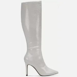 INC Womens White Croc Rajel Pointed Toe Stiletto Zip-Up Dress Boots