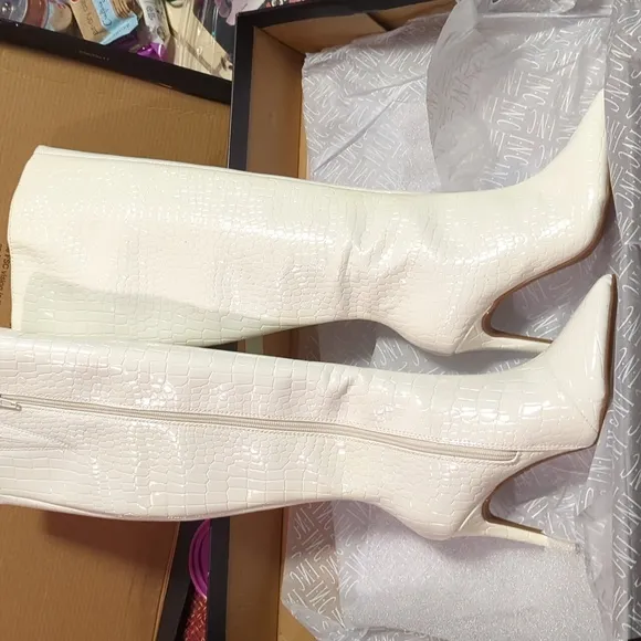 INC Womens White Croc Rajel Pointed Toe Stiletto Zip-Up Dress Boots