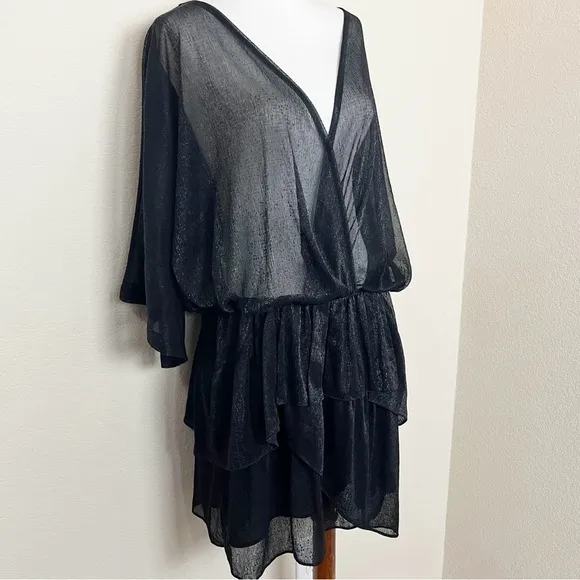 IRO Metallic Tiered Ruffle V-Neck Dress in Black