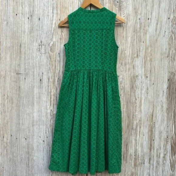 J Crew (4) Warm Clover Kelly Green Eyelet Sleeveless Midi Button Front Dress
