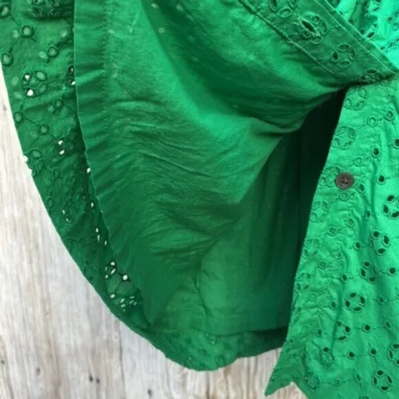J Crew (4) Warm Clover Kelly Green Eyelet Sleeveless Midi Button Front Dress