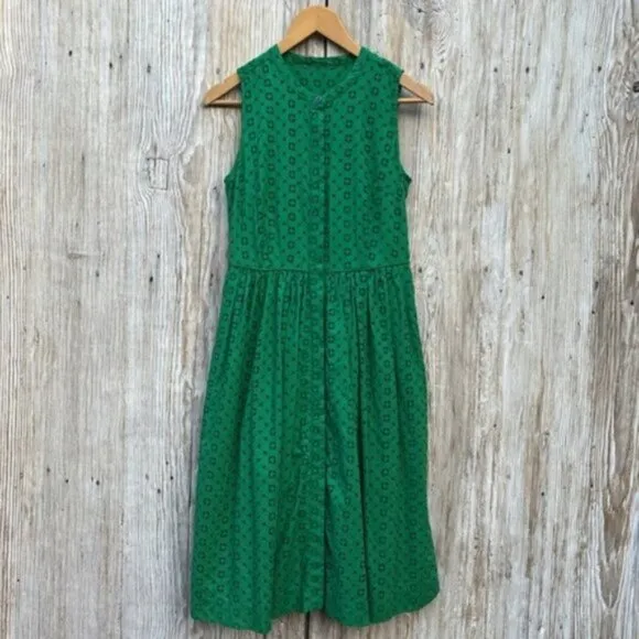 J Crew (4) Warm Clover Kelly Green Eyelet Sleeveless Midi Button Front Dress