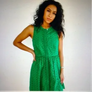 J Crew (4) Warm Clover Kelly Green Eyelet Sleeveless Midi Button Front Dress