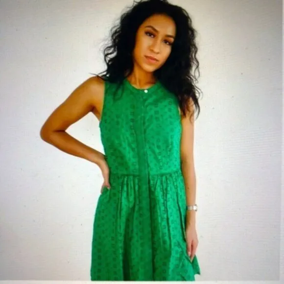 J Crew (4) Warm Clover Kelly Green Eyelet Sleeveless Midi Button Front Dress