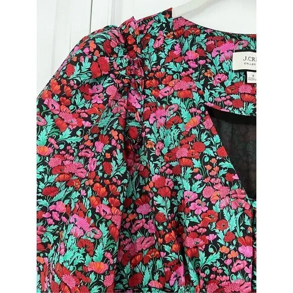 J. Crew Drapey Puff Sleeve Dress In Ratti Red Blooms Collection Dress Size 2 EUC