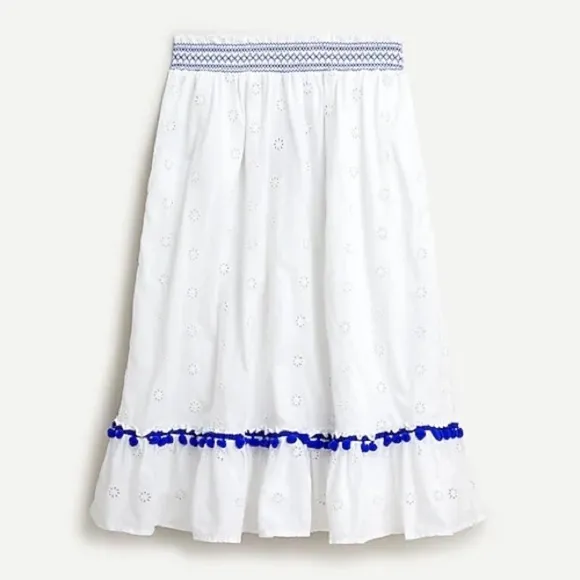 J. Crew Eyelet Midi Skirt White w Blue Trim Sz M