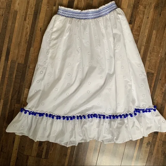J. Crew Eyelet Midi Skirt White w Blue Trim Sz M