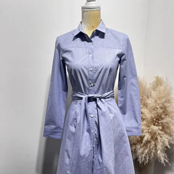 J. Crew Womens Tie-waist Midi Shirtdress in End-on-End Cotton Size 0 Blue NWOT